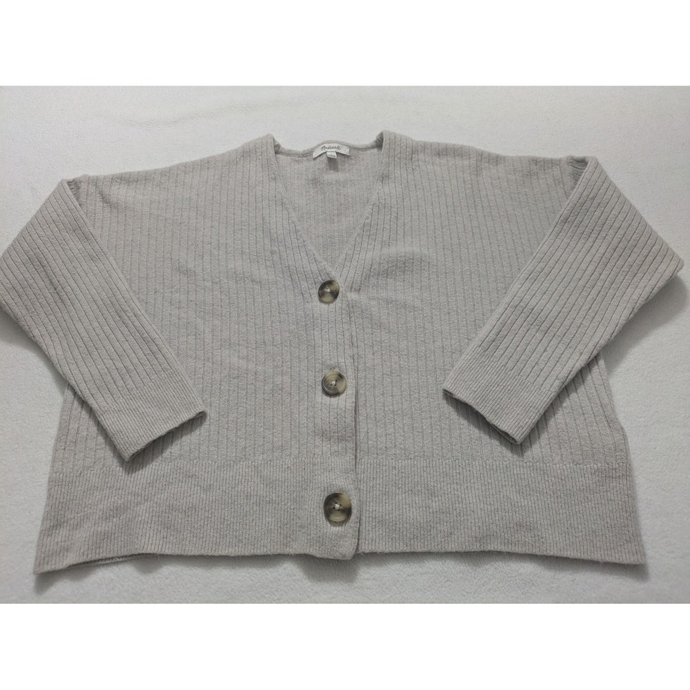 Madewell Sweater Small Gray Ribbed Button Front Cardigan V Neck Crop Alpaca Wool